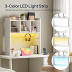 HOOBRO Desktop Bookshelf, Office Desktop Shelf, Desk Hutch with Outlets, Wooden Office Desktop Bookcase, Desktop Organizer Shelf with LED Light Strip and 3 Hooks, for Home, Study, White WT12UDSJ01 - color: White