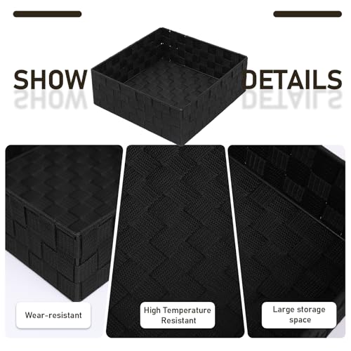 Storage Bins Woven Organizer Set of 6 – Polypropylene Storage Baskets with Metal Frame, Stackable Fabric Boxes for Drawers, Closet, Shelf, Nursery and Office, Black - color: Black, size: 6PCS-without lid