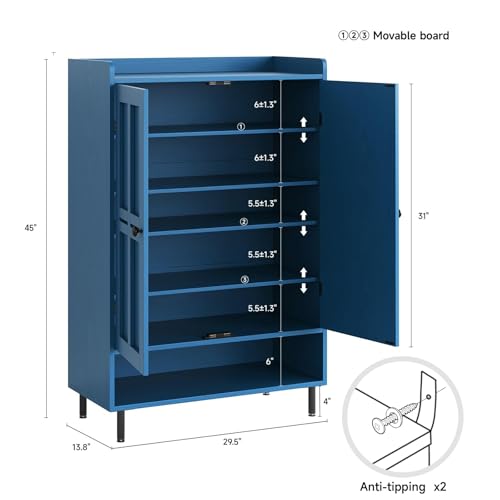 ComfyCorner Blue 7+1 Tier Farmhouse Shoe Storage Cabinet - 45" Tall Entryway Organizer with Cross Molding Doors, 3 Adjustable Shelves & Metal Legs, Shoe Rack for Front Door Entrance - color: Blue