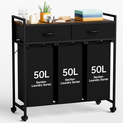 Laundry Sorter with 3 Section Pull Out Bags Rolling Laundry Basket Organizer with 2 Drawers Laundry Hamper with Shelves and Wheels for Laundry Room, Bathroom, Bedroom Organization (1 Tier) - size: 1 Tier