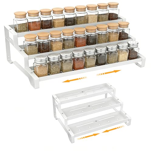3-Tier Spice Rack Organizer, 13"-21.5" Expandable Spice Organization Shelf, Metal Seasoning Organizer for Kitchen Countertop or Pantry, Slip-Resistant Design for Jars and Bottles, White - color: White