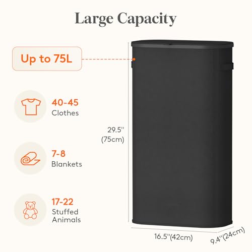 Lifewit Slim Laundry Basket with Lid, Narrow Large Laundry Hamper with Plastic Handles and Removable Bag, Tall Foldable Dirty Clothes Hampers for Laundry Room, Bedroom, Bathroom, Dorm, 75L Black - color: Black, size: 75L