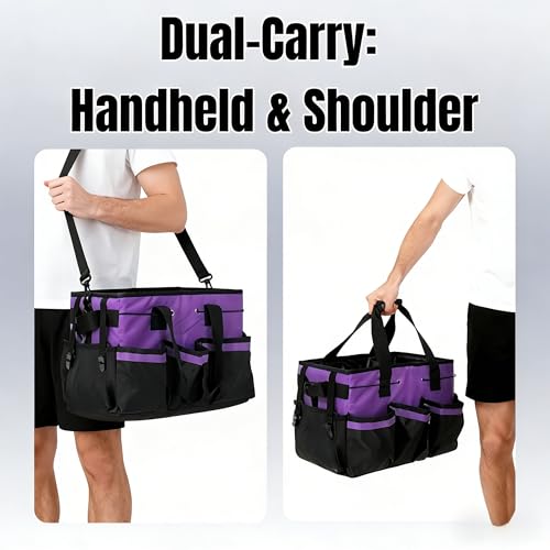 Tool Organizer Tote Bag, Pink and Black, Large Capacity with Adjustable Compartments, Portable Cleaning Storage Caddy, 14.96x10.63x9.06 Inches (Purple) - color: Purple