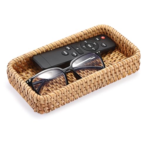 BTSKY Small Remote Basket for Coffee Table Entryway Living Room Rattan Serving Tray 8.3” x 4.7” Handwoven Wicker Baskets Decorative Tray for Wallet Remote Control Trinkets Rings Cosmetics Crackers - color: Natural, size: 8.3 x 4.7 x 1.6 inches