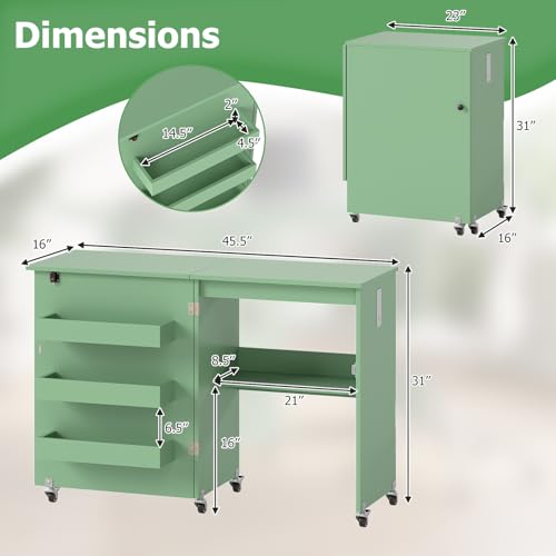 Giantex Folding Sewing Table with Charging Station, Rolling Craft Table with Storage Trays & Shelf, Foldable Sewing Machine Cabinet Desk with Lockable Wheels for Small Spaces (Sage) - color: Sage