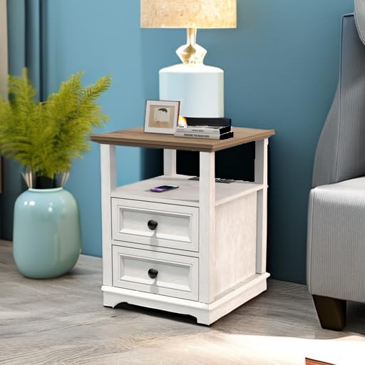 REDAYFUR 18" Wide End Table with Fast Charging Station Set of 2, 18” Wide Sofa End Table with Drawers,Storage Rustic Wood Storage Cabinet,Sofa Table for Living Room,White - color: Rustic White, size: 1 Set