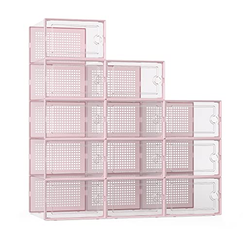 Kuject X-Large Shoe Storage Boxes Organizers Clear Plastic Stackable 12 Pack, Shoe Rack & Holder Substitute, Sneaker Containers, Toy Storage Organizer Bins for Entryway, Closet, Under Bed, Pink - color: Pink, size: X-Large