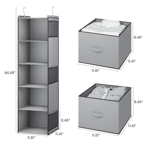 YOUDENOVA Hanging Closet Organizer, 5 Tier Hanging Closet Shelves with 6 Side Pockets and 2 Drawers, Light Grey