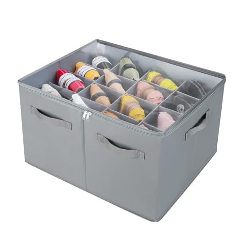 TOPIA HOME Shoe Organizer for Closet, Foldable Shoe Box with Adjustable Dividers and Clear Cover, Space Saving Shoe Storage Organizer Cabinet with Reinforced Handles, Fits 16 Pairs, Gray, TP09G - color: Gray, size: Large(20.87''L x 16.54''W x 13.5''H)