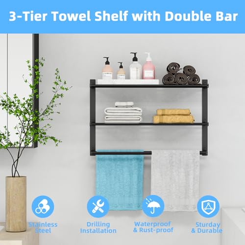 Towel Racks for Bathroom 24 Inch, 3 Tier Towel Shelf with Double Towel Bar, Wall Mounted Towel Rack SUS 304 Stainless Steel, Towel Storage for Bathroom Lavatory, Black - color: Black, size: 3-Tier
