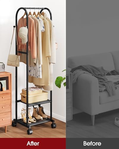 Sakugi Heavy Duty Premium Clothes Rack with 2-Tier Mesh Shoe Shelves & 4 Hooks, Lockable Wheels, Space-Saving, Multi-Functional for Bedroom, Entryway, Closet, Modern Design, 18.4" x 12.6" x 72", Black - color: Black