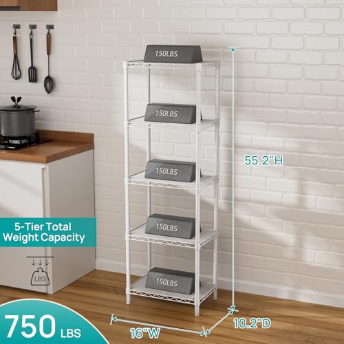 SINGAYE 5 Small Wire Shelves Kitchen Pantry Close Home Organizers and Storage Bathroom Shelf Laundry Room Organization Adjustable Book Metal Garage Shelving Unit - color: White, size: 5-Tier 9.92"D X 15.72"W X 55."H