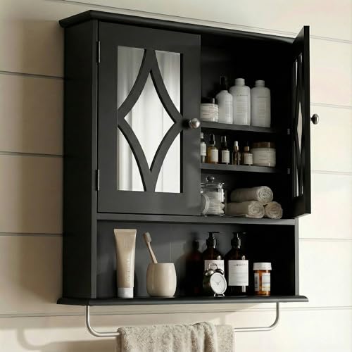 RoyalCraft Bathroom Medicine Cabinet Wall Mounted, Over the Toilet Storage Cabinet with Towel Rack and Adjustable Shelf, Large Bathroom Towel Cabinet Wall Mount 22x25 inch (Black) - color: Black