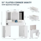 FURSUN Fluted Makeup Vanity Desk with HD 3 Way Mirror and Lights, 51" Large Corner Vanity Table with Charging Station, Dressing Table with 4 Drawers & 2 Storage Cabinets for Bedroom, White - size: 20.0"D x 51.2"W x 56.3"H, style: White