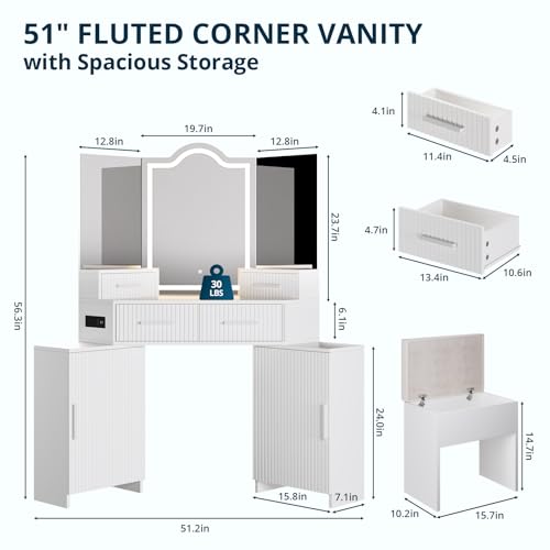 FURSUN Fluted Makeup Vanity Desk with HD 3 Way Mirror and Lights, 51" Large Corner Vanity Table with Charging Station, Dressing Table with 4 Drawers & 2 Storage Cabinets for Bedroom, White - size: 20.0"D x 51.2"W x 56.3"H, style: White