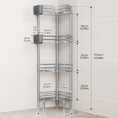 Orimade Rustproof 4 Tier Floor Standing Corner Shower Caddy Organizer with Toothbrush Holder, Large Spacing Floor Shower Shelf Rack Storage Stands with Hooks for Bathroom Kitchen, Silver - color: Sliver, size: 4 Tier