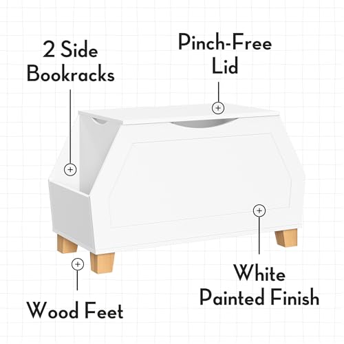 RiverRidge Kids Catch-All Collection Toy Box with Side Book Shelves Child-Safe Toy Storage Organizer With Childrens Bookshelf Side Slots For Kids Game And Book Storage - White - color: White