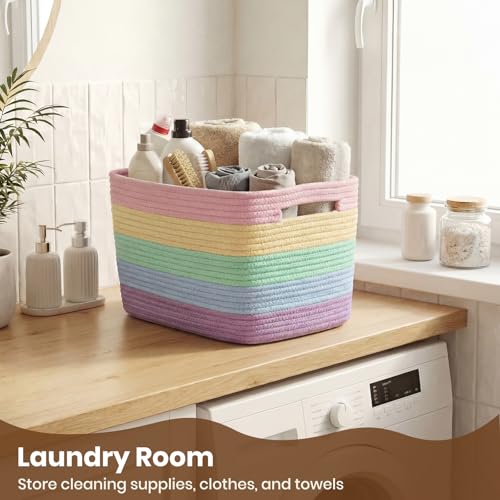 Storage Baskets for Organizing, 14 x 10 x 9” Closet Shelf Woven Baskets, Square Bins with Handles, Cotton Rope Basket for Toys, Clothes, Office, Room, Rainbow 1 Pack - color: Rainbow, size: 1pc