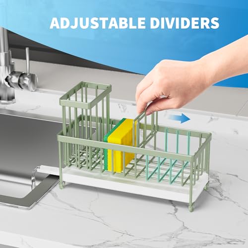 Cisily Sponge Holder for Kitchen Sink, Sink Caddy Organizer with High Brush Holder, Kitchen Countertop Organizers and Storage Essentials, Rustproof 304 Stainless Steel (Sage Green, 9.25″) - color: Sage Green