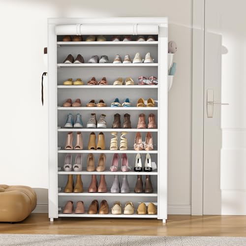VILICK Shoe Rack with Cover Narrow Shoe Organizer with Pockets 10 Tier Tall Shoe Storage Holds 36-41 Pairs Shoes and Boots Shoe Rack for Closet Entryway Garage, White - color: White, size: 10 Tiers-34.6" Wide