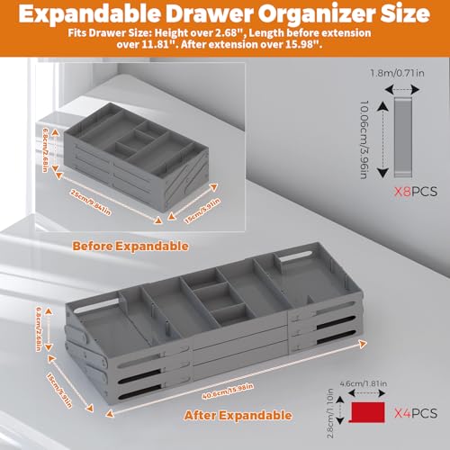 3 Tier Drawer Organizer - Expandable Junk Drawer Organizers Smart Office Supply Organizer, Folding Drawer Storage Multi-level Desk Organizer for Makeup,Jewelry,Cosmetics,Kitchen Storage (1 Row 3 Tier) - color: Grey, size: 1 Row 3 Tier