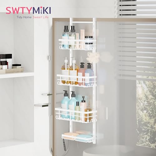 SWTYMIKI Over The Door Shower Caddy - 4 Tier Rustproof Hanging Shower Organizer with Adjustable Shelves, 40 Hooks & Soap Holder, Hanging Shower Rack Storage for Bathroom Accessories, White - color: White