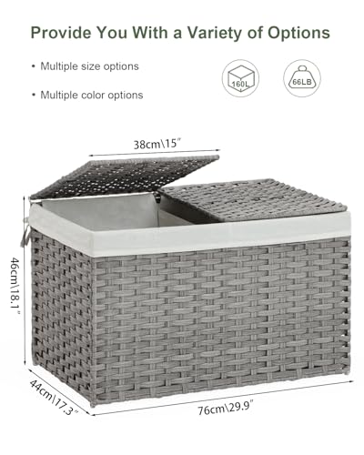 SETVSON Storage Basket with Lid Wicker Baskets for Storage with 2 Separate Lid 42.3 Gallon (160 L) 29.9 x 17.3 x 18.1 Inches Rattan Woven Large Wicker Basket with 2 Liners for Bedroom Laundry Gray - color: Gray, size: 160L-29.9L*17.3W*18.1H