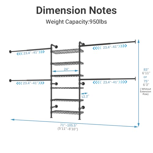 Timate S3X Expandable Wall Mounted Closet System, Heavy Duty Clothes Rack with 6 Adjustable Metal Shelves & 4 Hanger Rods, Closet Organizers and Storage Fits Spaces 5'11"- 8'10", Black - color: Black, size: S3X