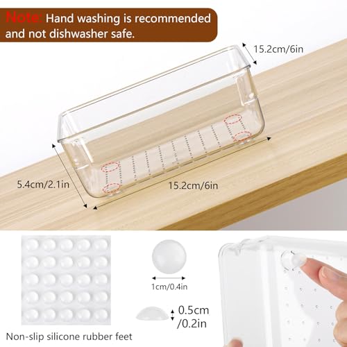 Ohlove 6 Pcs Large Clear Plastic Drawer Organizers Tray 6" x 6" Storage Bins with 25 Pcs Non-Slip Pads for Makeup, Jewelries, Kitchen Utensils, Bathroom and Office - size: 6"x6"