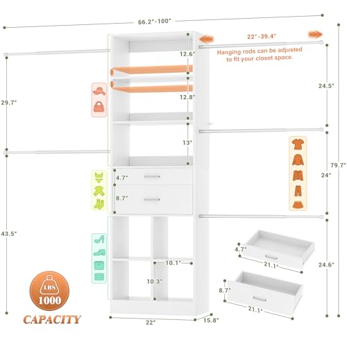 Besiost Closet System, 4-8 FT Closet Organizer Tower with 2 Wooden Drawers and Shelves, Can Fit 60 to 96 inch Walk-in Closet System with 5 Hanging Rods, Built-in, White - color: White