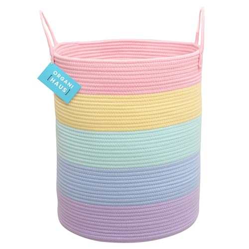 OrganiHaus Large Rainbow Woven Laundry Basket w/Handles 52L, Decorative Toy Storage Bin for Nursery, Colorful Blanket Basket for Playroom, Baby Laundry Hamper, Fun Kids Room Decor Organizer - color: Rainbow Pastel, size: Tall
