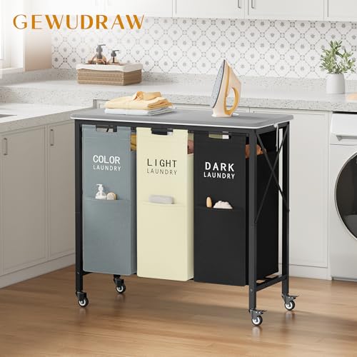 Gewudraw 3 Section Laundry Sorter with Ironing Board, Laundry Hamper with Removable Bags, Heavy-Duty Rolling Laundry Cart with Lockable Wheels for Bathroom Bedroom - color: Gray+Beige＋Black