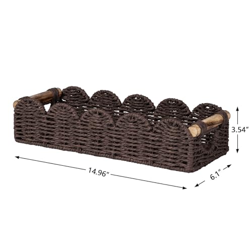 CubesLand Bathroom Basket Organizer w/Cut Out Handle, Back of Toilet Paper Storage Baskets Tray for Bathroom Countertop Decorative, Scalloped Wicker Basket Also for Home Decor, Living Room, Brown - color: Brown