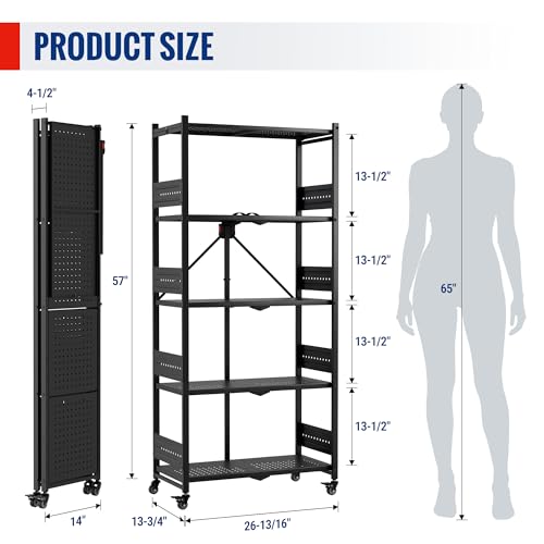 WORKPRO 5-Tier Folding Shelf, No-Assembly Metal Storage Rack with Wheels, 750 lbs Capacity (with Leveling Feet), Collapsible Shelving Unit for Kitchen, Pantry, Bathroom & Closet Organization - size: 5-Tier
