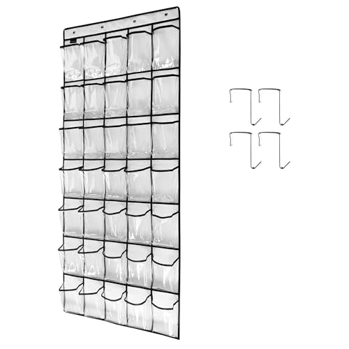 1 Pack 35 Clear Crystal Pockets Large Hanging Shoe Organizer Over The Door Shoe Rack for Closet Door Storage Shoe Holder Hanger, 4Hooks, white (67.7'' x 26.4'') - color: White-1pc