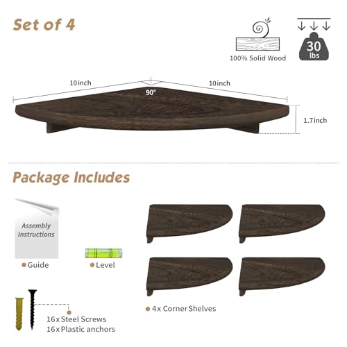 Forbena Floating Corner Shelves for Wall Set of 4, Small Corner Bookshelf for Bedroom Books, Round Wooden Corner Shelf Wall Mount for Bathroom Plants, Kitchen, Living Room Decor (Dark Brown) - color: 3. Rustic Brown, size: 10" Depth