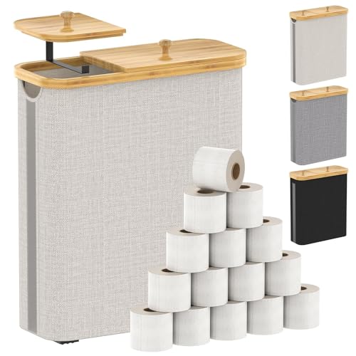 42L Toilet Paper Basket with Bamboo Lid, Toilet Paper Storage with Toilet Paper Holder & Non-Slip Mat for Bathroom Organizer, Holds up to 19 Regular Rolls or 14 Mega Rolls, Collapsible & Stackable - color: Linen