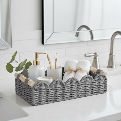 CubesLand Toilet Paper Storage Basket Organizer, Small Wicker Toilet Tank Top Decorative Baskets for Countertop, Handwoven Scalloped Basket w/handle for Home Decor, Living Room, Bedroom, Grey - color: Grey, size: S - 12.99"L x 6.3"W x 3.15"H