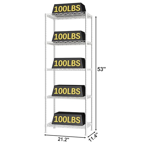 HOMEFORT 5-Shelving Unit, Adjustable Wire Shelving, Metal Wire Shelf Rack Organizer for Kitchen, Pantry, Closet, Bathroom, Laundry, White,21" W x 11" D x 53" H - color: White, size: 21"W x 11"D x 53"H