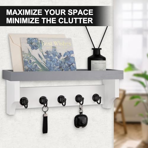 Key and Mail Holder Wall Mount, Key Holder with Shelf and Mail Organizer Wall Mount. Mail Holder with 5 Hooks for Coat, Dog Leash, Home Decor Rack, Entry Way Organizer (Gray & White) - color: Gray & White