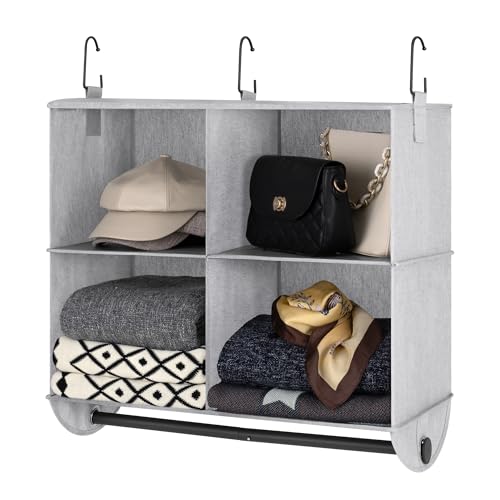 StorageWorks Hanging Closet Organizer with Metal Rod, 4-Section Closet Organizers and Storage, Collapsible Hanging Shelves for Closet, Bedroom, Kids Dorm Room, RV Camper, Gray and White - color: Grey & White, size: 12¼"D x 24½"W x 28"H