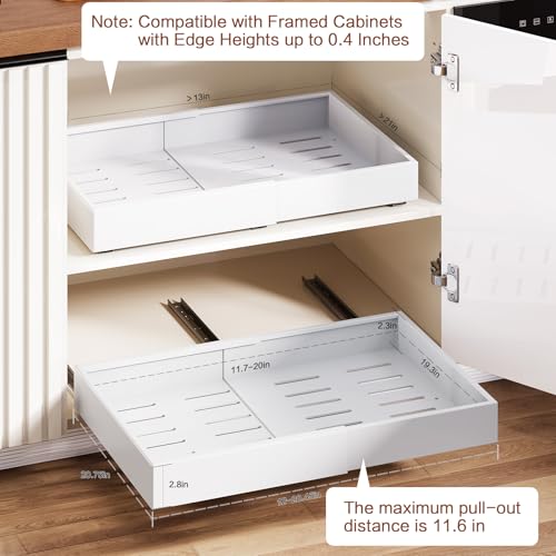 2 Pack Pull out Cabinet Organizer,Extendable (12"-20") Heavy-Duty Pull-Out Drawers – Secured with Nano Adhesive Tape, Ideal for Cookware Storage, for Kitchen Base Cabinets (21" Dx12-20" W) - color: White, size: 21" Dx12"-20"W(2 Pack)