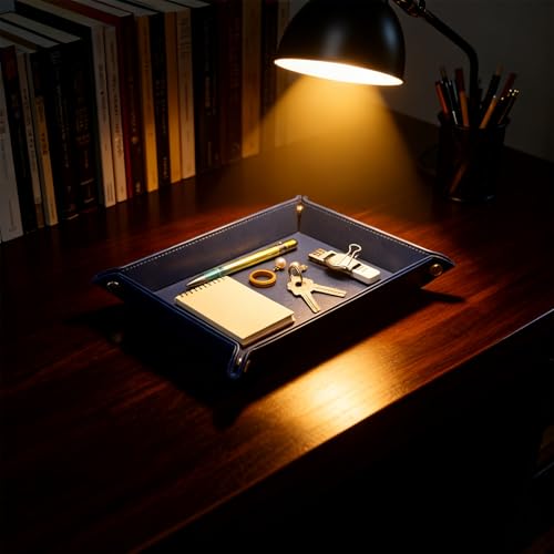 Leather Valet Tray Catchall Organizer, Navy Blue Desktop Storage for Keys, Coins, Wallet, Phone, Jewelry | Multi-Use Entryway Table, Desk & Nightstand Storage for Men & Women (Blue) - color: Blue