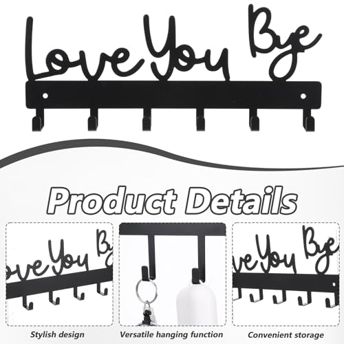 Key Holder Wall Mount, Large 'Love You.Bye' Entryway Organizer with 5 Hooks,Black Metal Key Hanger —No Drill Adhesive for Home Wall Decor（Type 2）