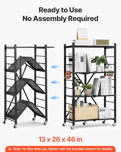 VEVOR 4-Tier Foldable Storage Shelf, 26W x 13D x 46H Inch Folding Metal Rack Shelving Unit, No Assembly Organizer Shelf with 5 Wheels & 4 Hooks for Pantry, Kitchen, Garage, Basement, Black - color: Black, size: 4-Tier