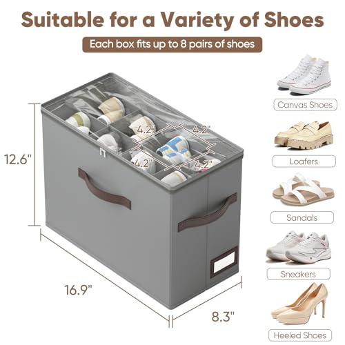 OIAHOMY 4 Pack Shoe Organizer for Closet, Foldable Shoe Storage Bins with Adjustable Dividers, Stackable Oxford Cloth Sneaker Boxes for Entryway Bedroom, Fits Up to 32 Pairs, Grey - color: Grey, size: 4 Pack