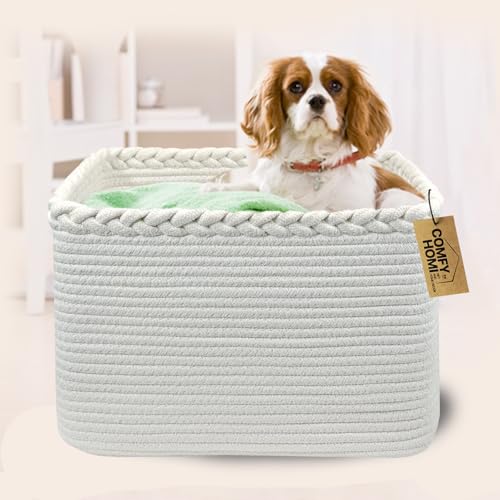 COMFY-HOMI Square Woven Cotton Rope Basket for Organizing, Gift Baskets for Handles, Empty Gift Baskets, Toy Basket for bins|13.5" x 11" x 9.5" home decor for Living Room, Bathroom - color: White, size: 13.5"X11"X9.5"