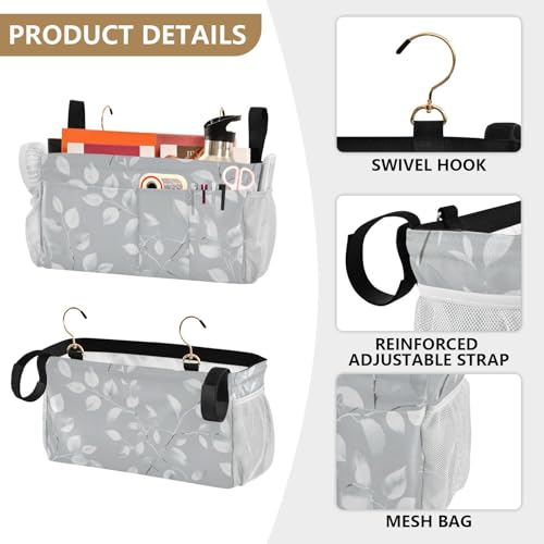 Bedside Caddy Metal Frame Hanging Organizer Bunk Bed Dorm Accessories Hook And Loop Storage Bag Large Pockets Elegant Grey Leaves - color: Elegant Grey Leaves