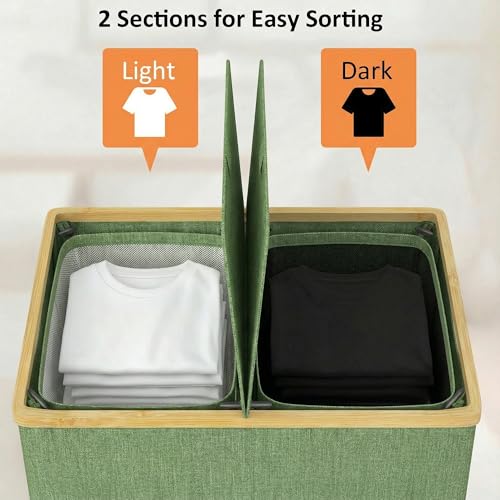 efluky Laundry Hamper with Lid, Double Laundry Hamper with 2 Removable Bags, 2 Section Laundry Basket with Bamboo Handles for Bathroom, Bedroom & Laundry Room,140L Green - color: Green, size: 140L Dual