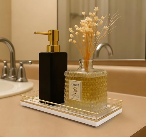 Bathroom Vanity Tray for Countertop, 12" x 6" Oak Wood Toilet Tank Tray with Metal Guardrail, Bathroom Organizer for Soap, Perfume & Skincare, Non-Slip Decorative Tray for Dresser, Gold & White - color: Gold & White, size: 12" x 6" x 1.5"